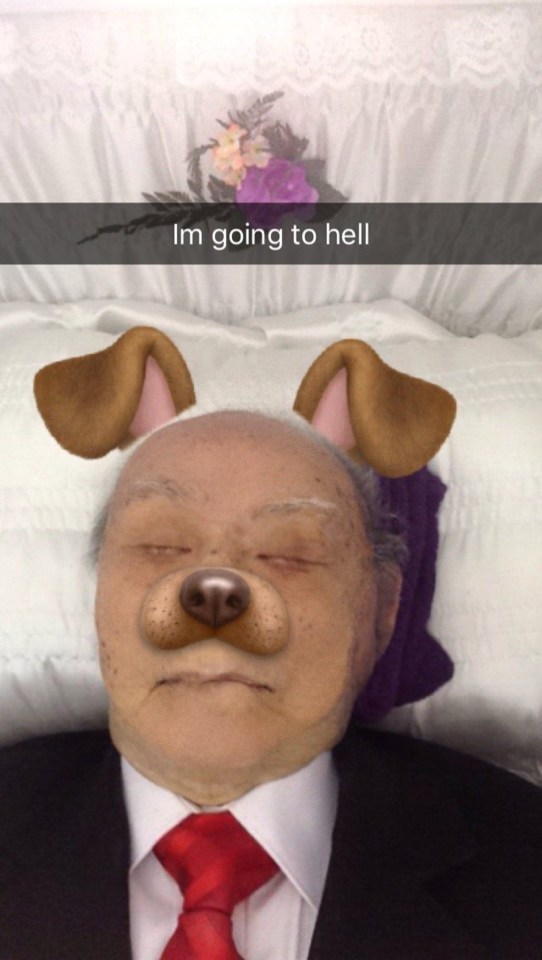  "I'm going to hell"... another photo saw comical floppy ears and a dog nose added to the dead man's face