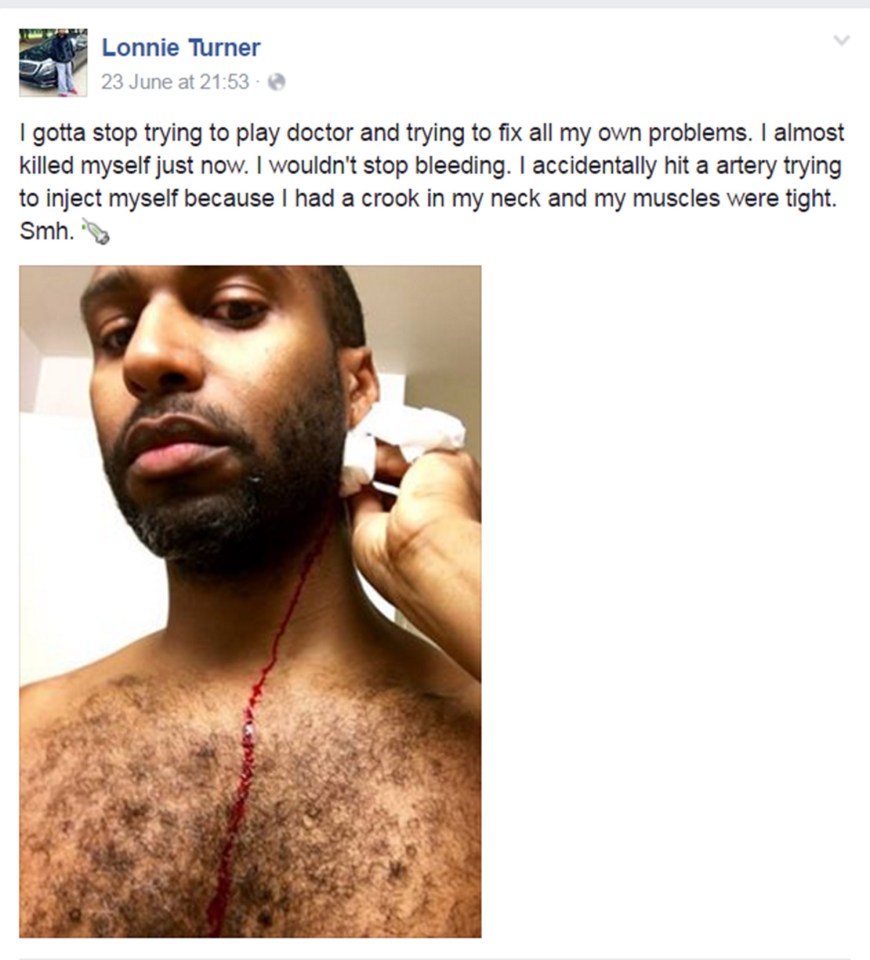  Bizarre... a post on Lonnie's page sees him dripping with blood after a dodgy jab