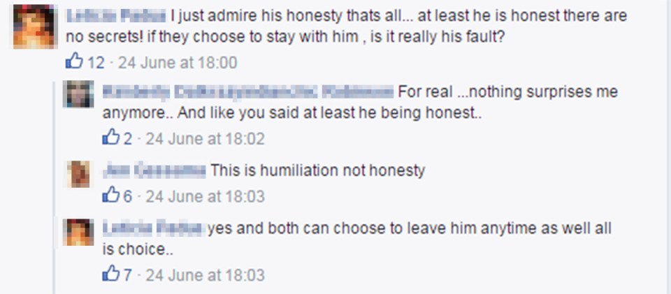  Admiration... one commenter claimed that Lonnie deserved praise for his openness about his cheating