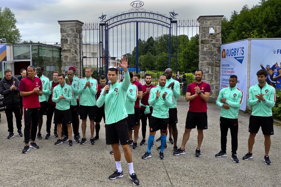  Cristiano Ronaldo addresses supporters after a training session with Portugal