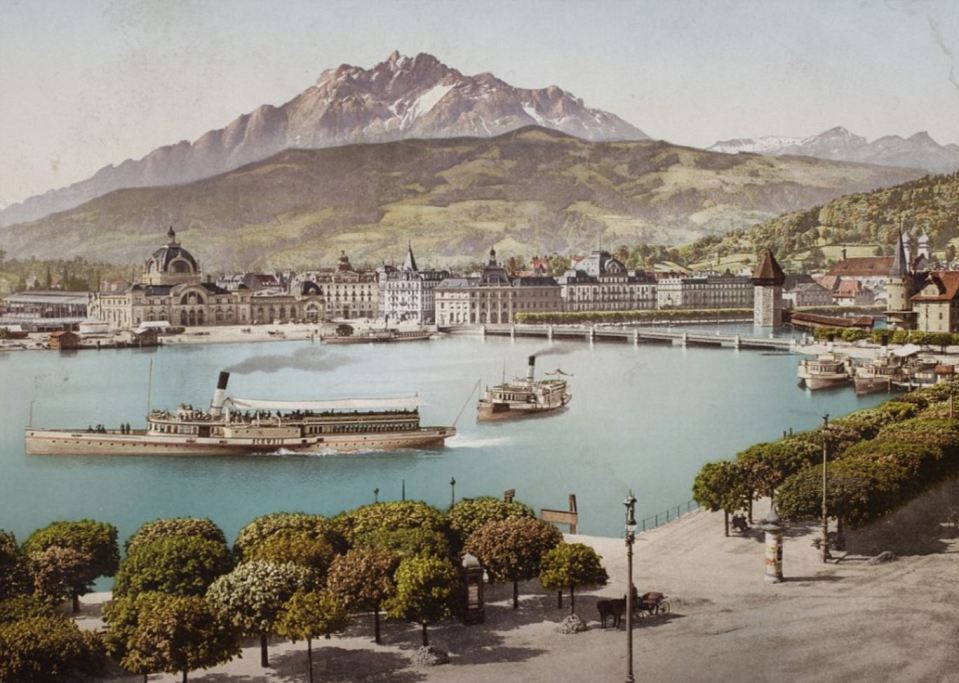 This shot shows boats mooring in the Swiss city of Lucerne, taken some time between 1889 and 1902 