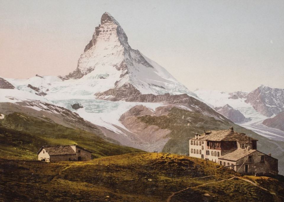 This incredible photo, taken in 1893, shows the Hotel Riffelhaus at Riffelberg in Switzerland with the Matterhorn looming in the background 