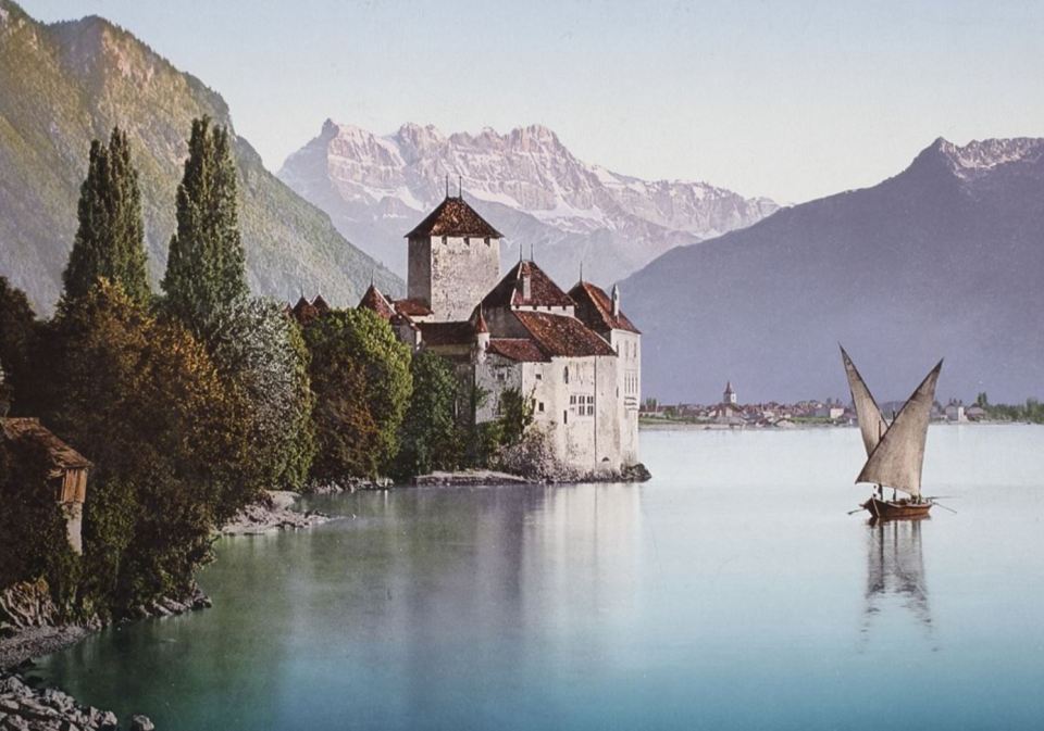 Another tranquil lake scene shows the banks of Lake Geneva in Switzerland 