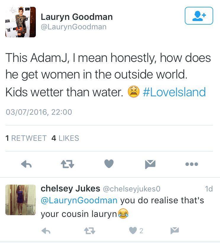  Lauryn also described Adam J as 'wetter than water' only for his sister to reveal they are related