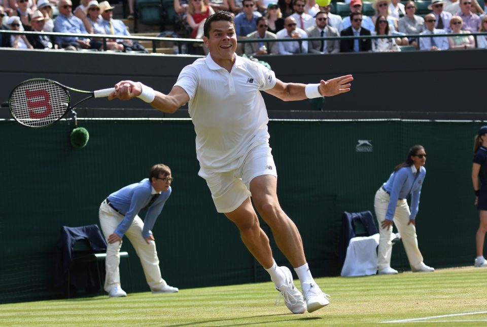  Raonic returns from the baseline on his way to beating Sam Querrey