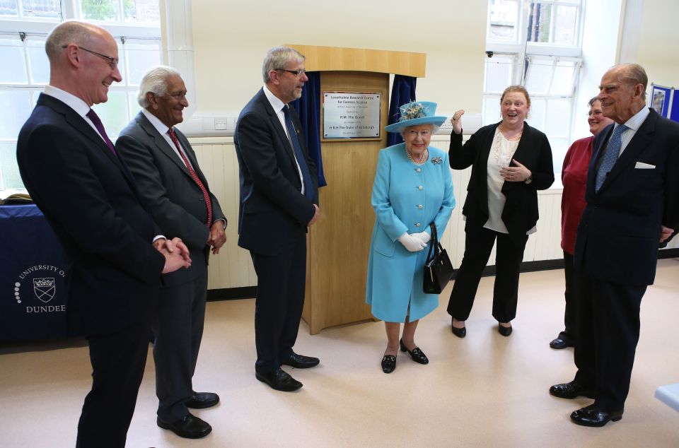 Queen Elizabeth II and The Duke of Edinburgh after Her Majesty unveiled a plaque during a visit to the Leverhulme Research Centre for Forensic Science at Dundee University. PRESS ASSOCIATION Photo. Picture date: Wednesday July 6, 2016. During the visit to the forensic laboratory, part of the Centre for Anatomy and Human Identification, they viewed various techniques such as facial reconstruction, fingerprinting and electrical fire investigation. See PA story ROYAL Queen. Photo credit should read: Andrew Milligan/PA Wire