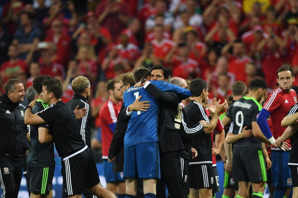  Chris Coleman celebrates famous victory over Belgium at Euro 2016 with his players