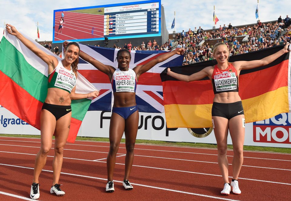 Bulgarian sprinter Ivet Lalova-Collio, Brit Dina Asher-Smith and German star Gina Luckenkemper celebrates after victory 