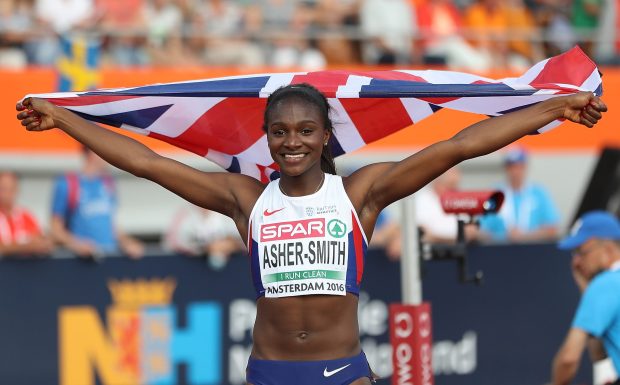 British sprinter Dina Asher-Smith celebrates winning her first big sprint title