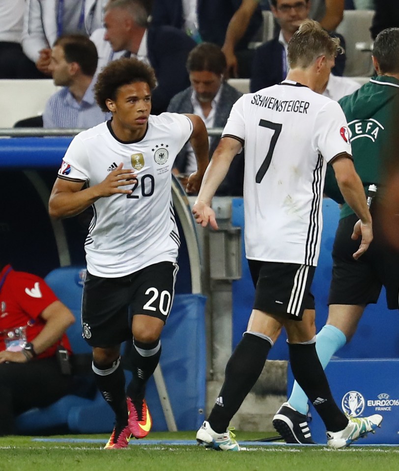  Sane comes on for Bastian Schweinsteiger in the late stages of the France defeat