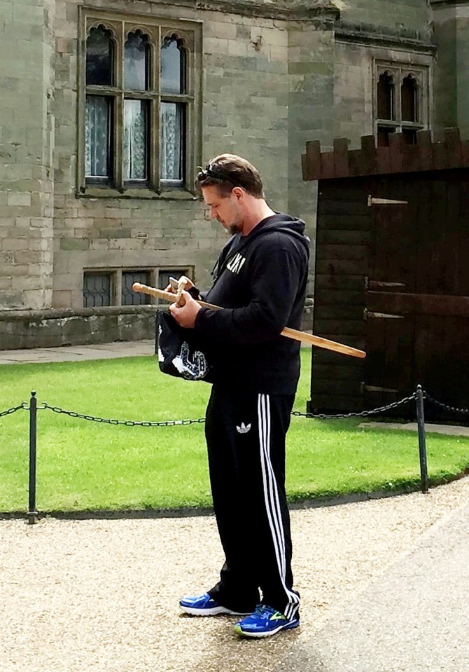 Russel Crowe is spotted with a"dangerous" weapon at Warwick Castle