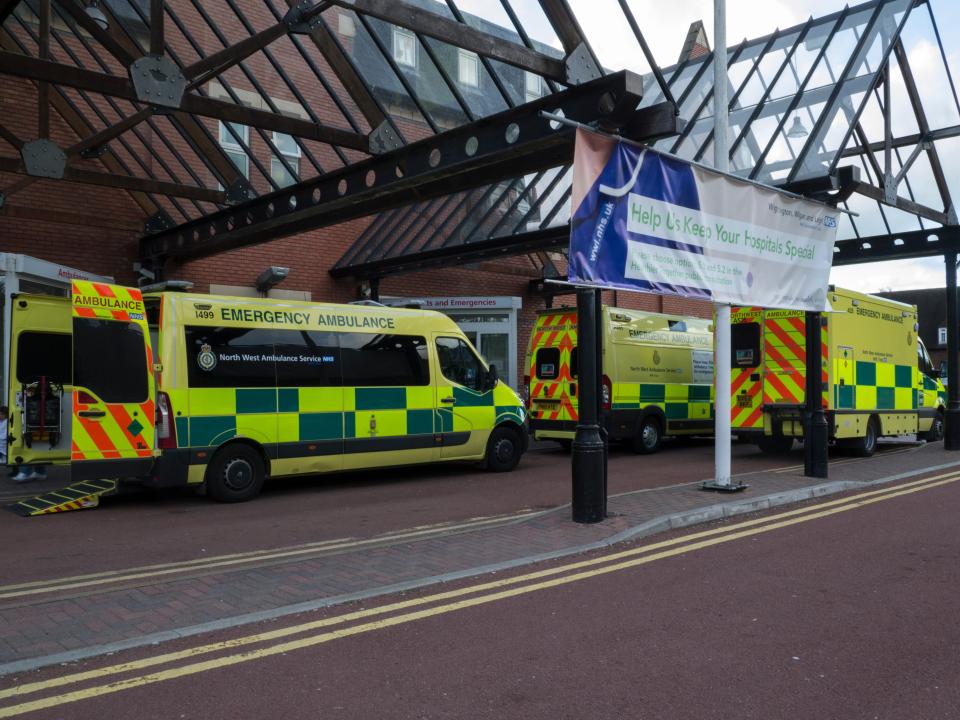 Three Ambulances queuing outside Accident and Emergency Department Wigan Infirmary