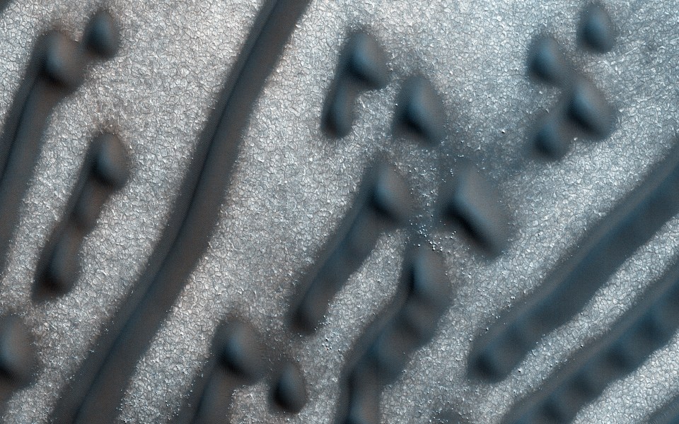 This unusual pattern in the sand is formed due to a shortage of sandy material, which collects in cracks on the surface