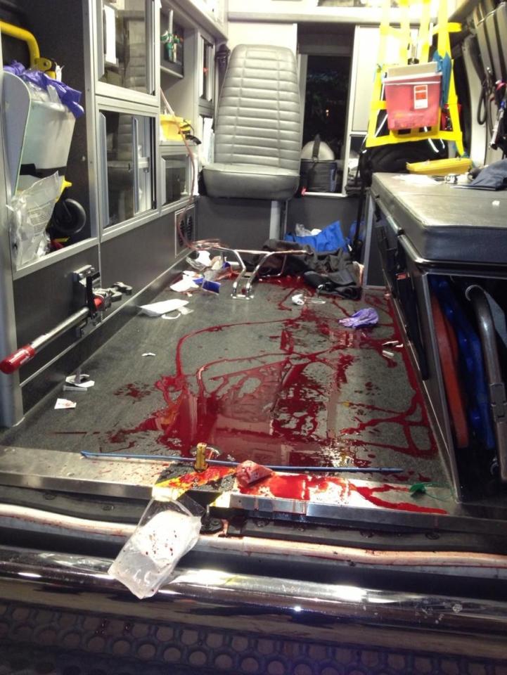  The powerful message accompanied a picture of a blood-splattered ambulance that had carried a gun victim