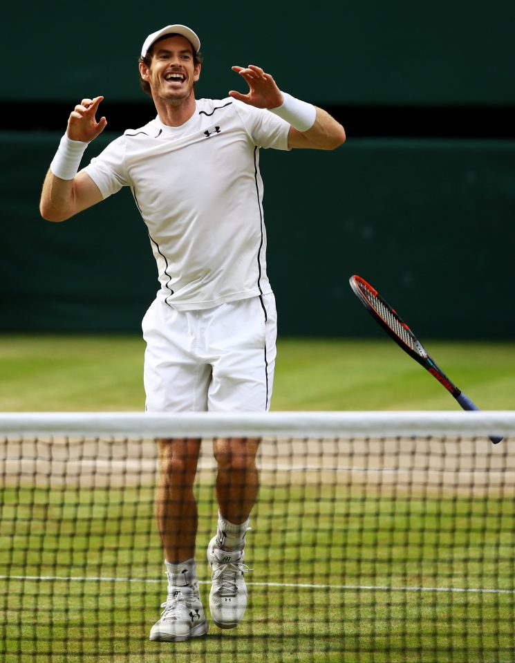  Andy Murray jumps for joy after beating Milos Raonic in the Wimbledon final