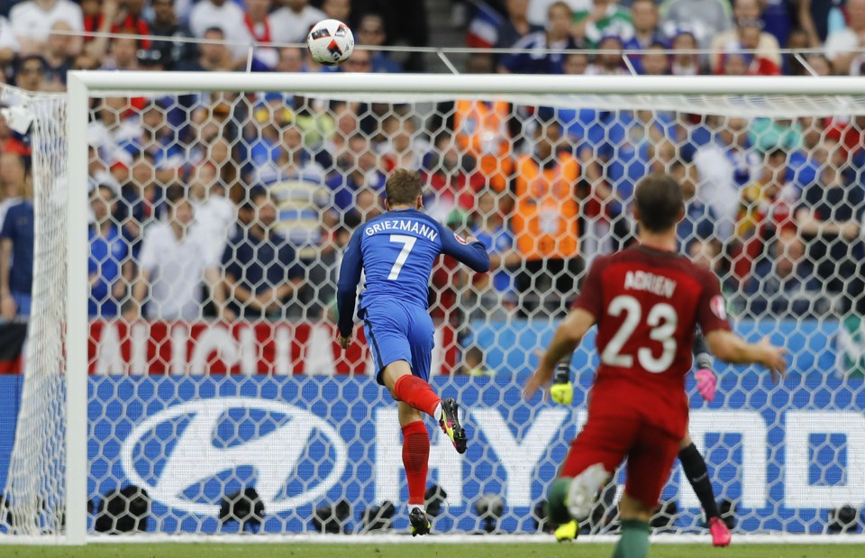 Antoine Griezmann connects with a Dimtri Payet pass to direct a header towards the top corner only for Rui Patricio to save