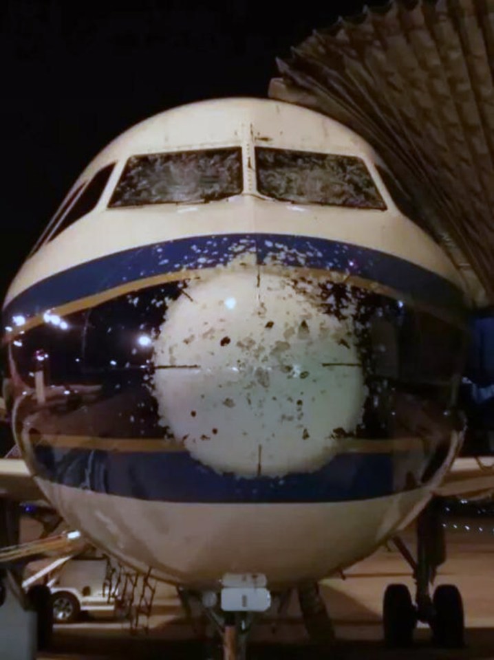  The front of the plane was peppered by slabs of ice when it flew into a storm