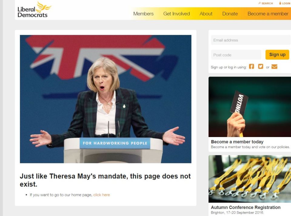  Visitors to the Liberal Democrat website who follow broken links end up on this 404 page