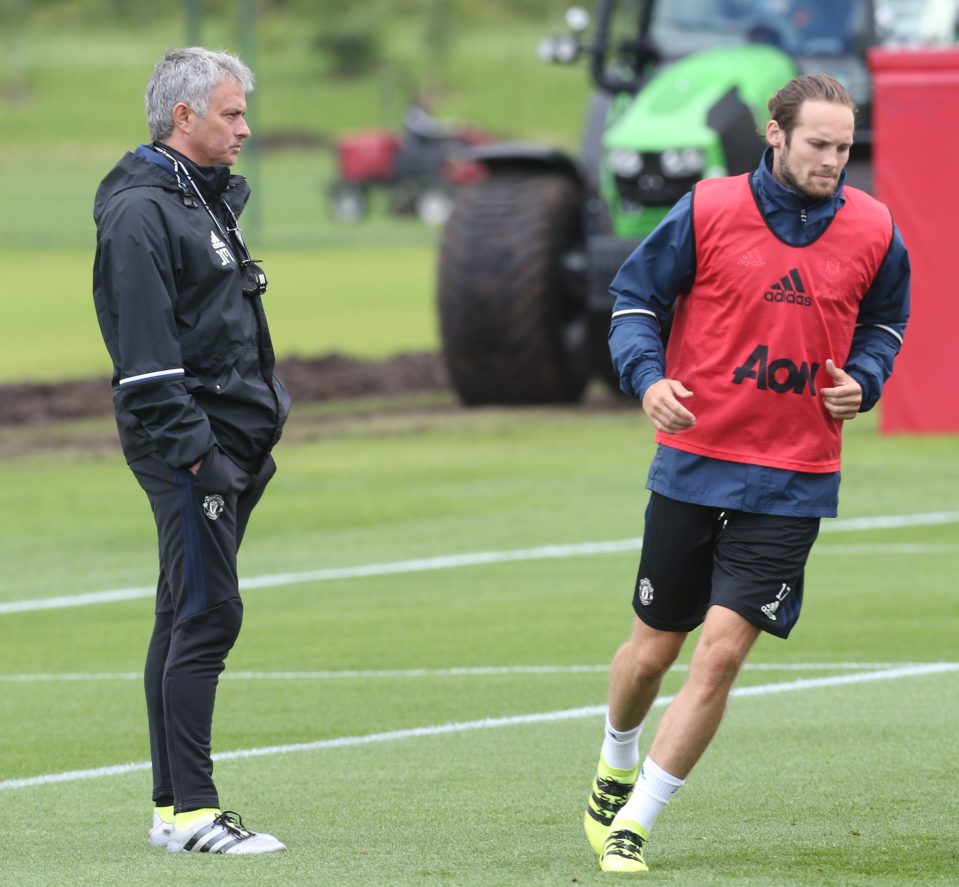  Jose Mourinho and Daley Blind at Uniteds training complex at Carrington