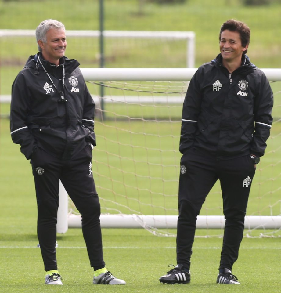  Jose Mourinho and Rui Faria share a joke during Manchester Uniteds pre-season training