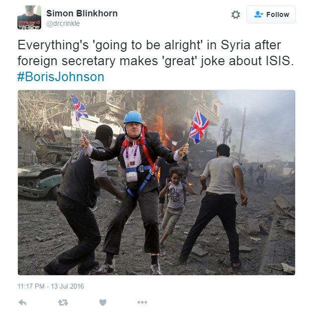  A photoshopped  pic showed Boris in Syria waving the Union Jack flag