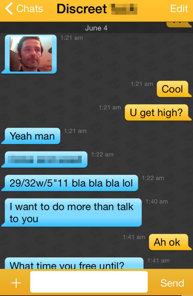 One of the sleazy messages Ed sent to a stranger on Grindr