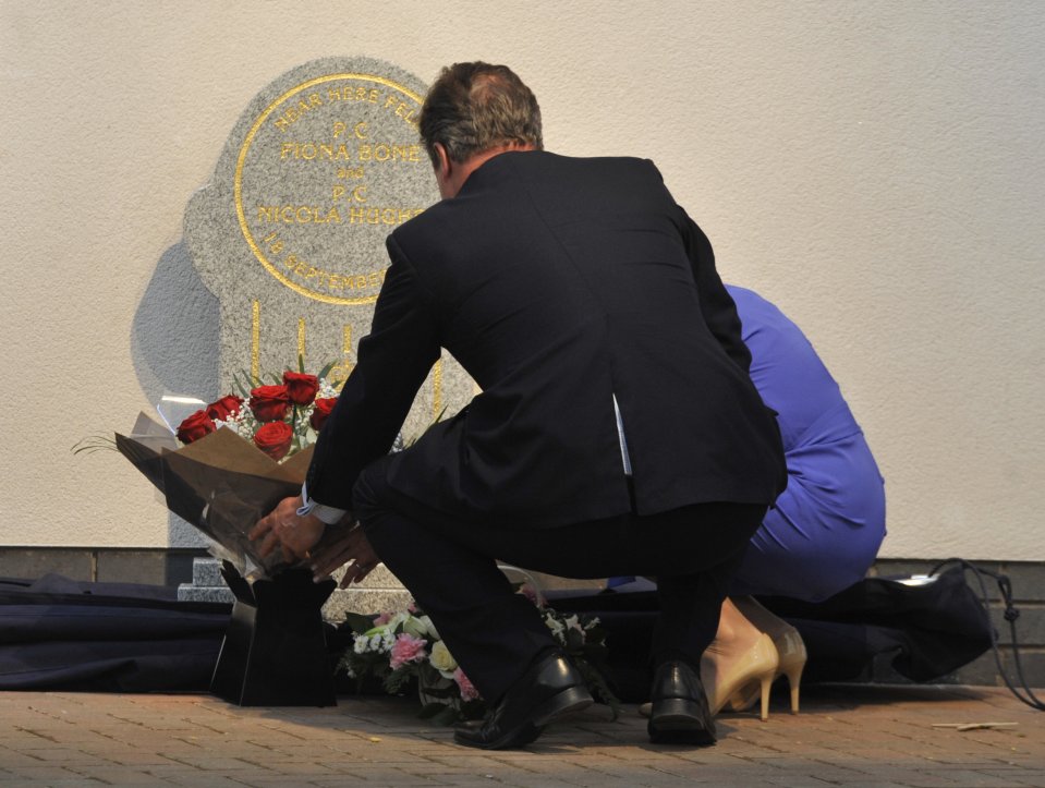  Ex PM David Cameron was still on duty today unveiling a memorial for fallen PCs Fiona Bone and Nicola Hughes