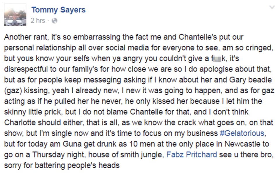  Tommy let off more steam on his Facebook page, taking aim at Gaz as well as Chantelle this time