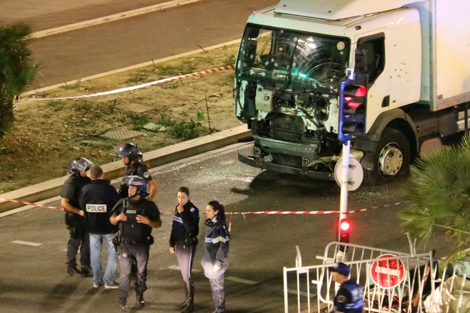  The 19-ton lorry is seen riddled with bullet holes after police gunned down the truck terrorist through the cab