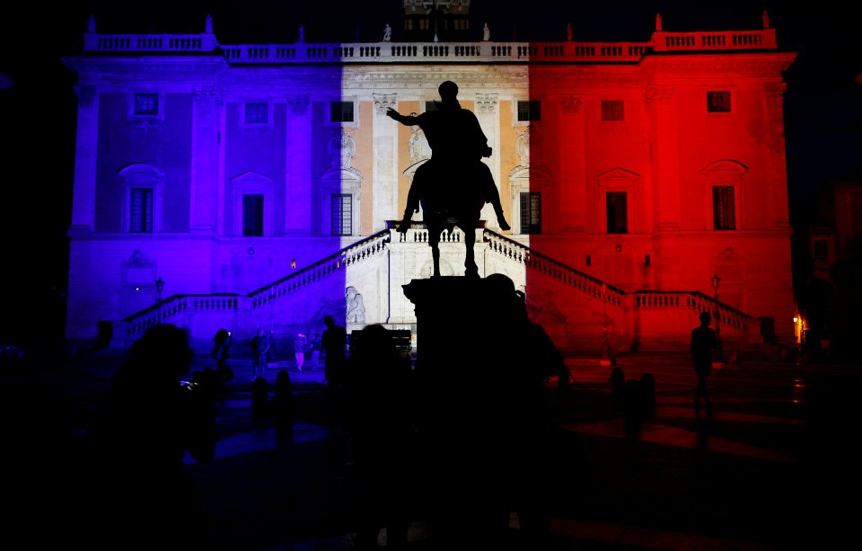 Rome's city hall, Campidoglio, is lit up blue white and red