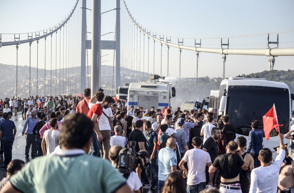  Tensions remained high in Turkey today as civilians celebrated the failed coup on Bosphorus Bridge