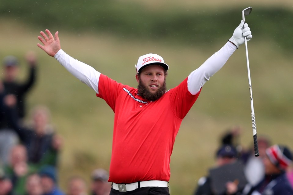  Johnston celebrates after chipping in on the 13th during day three of The Open