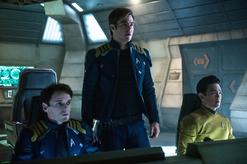  The late Anton Yelchin, Chris Pine and John Clo in Star Trek Beyond