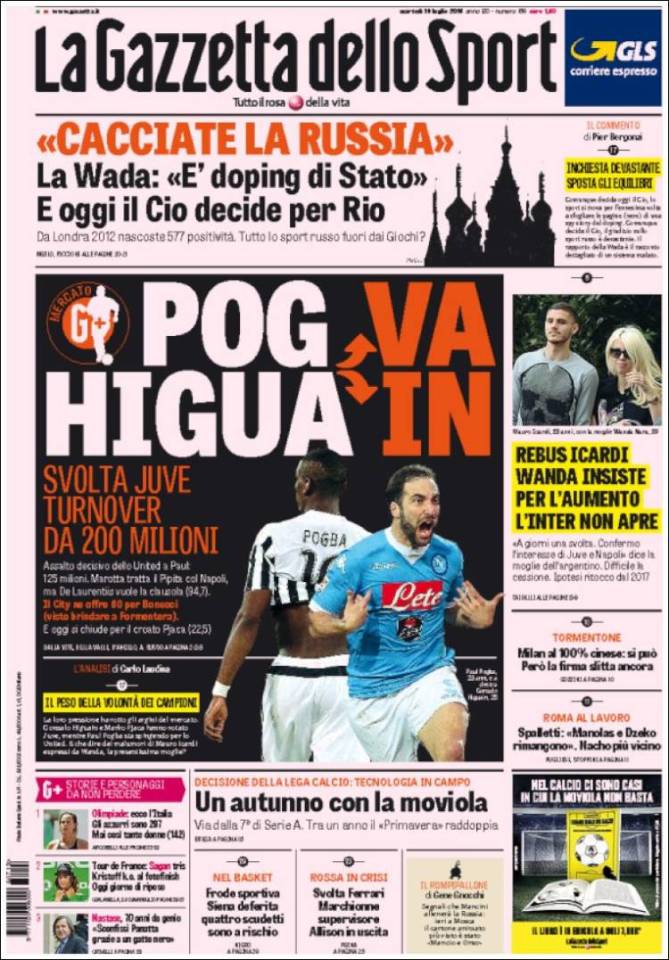  La Gazzetta dello Sport's front page has the Paul Pogba and Gonzalo Higuain story on