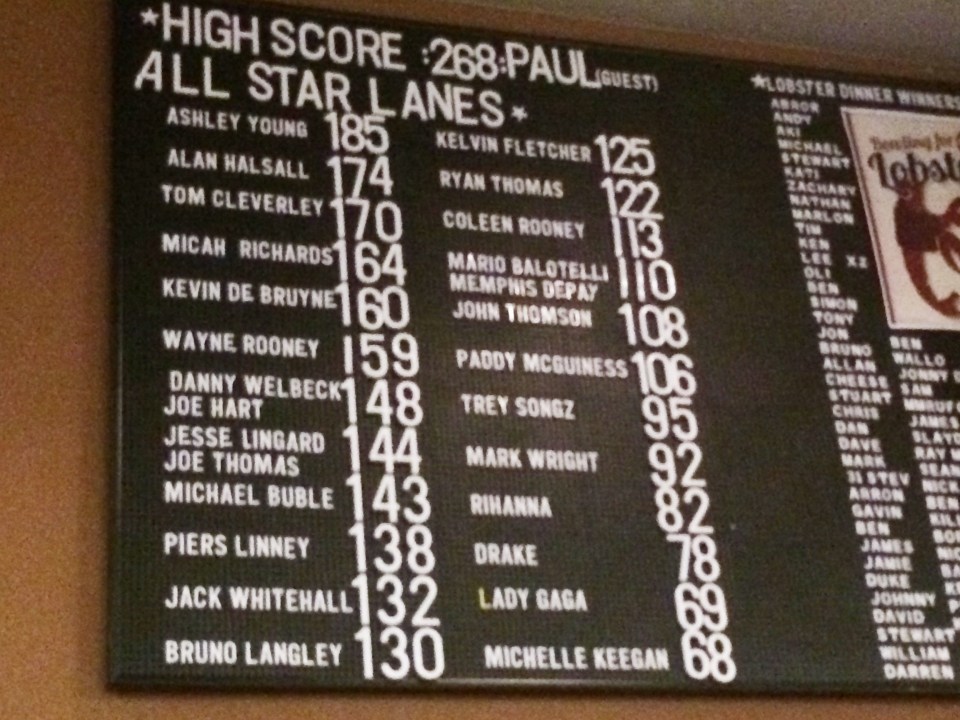  Ashley Young sits atop the leaderboard at the bowling alley