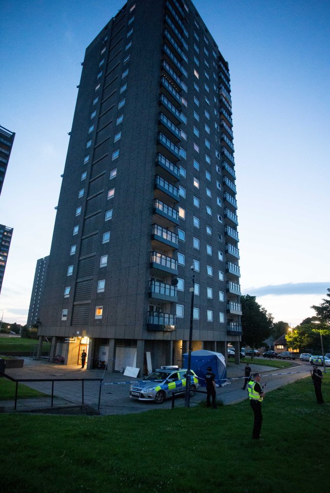  Hugh Gallacher, 56, leapt 130ft to his death from the 12th floor balcony as cops arrived in Tillydrone, Aberdeen