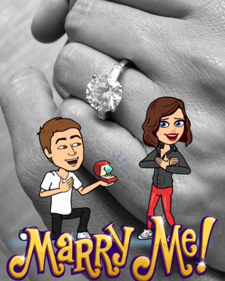  The accompanying pictures saw the Australian beauty showing off her stunning diamond ring alongside a custom-made Snapchat emoji of Evan down on one knee proposing to a delighted Miranda