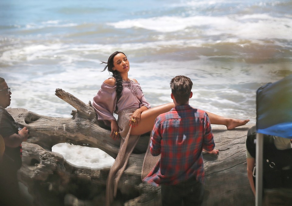 Calvin Harris's girlfriend Tinashe shoots a music video in Malibu, CA.