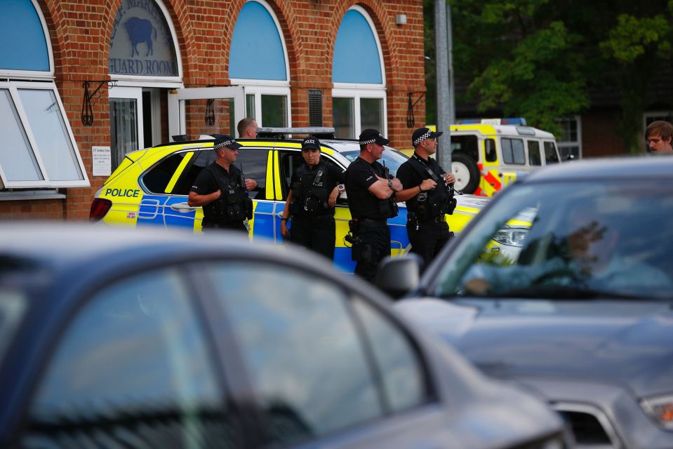  Tension ... Armed cops stand guard outside RAF Marham airbase in Norfolk over fears terror suspects are hiding out nearby