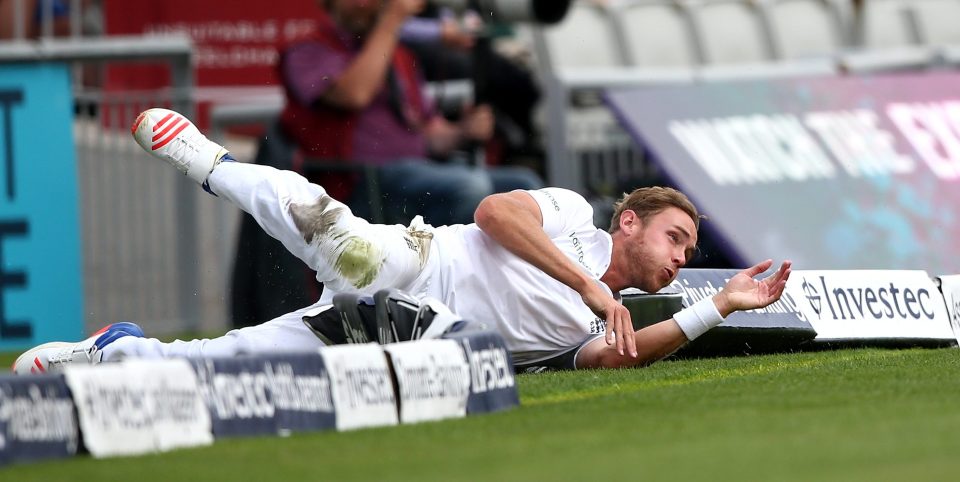 Stuart Broad shows his commitment on the boundary after picking up a wicket