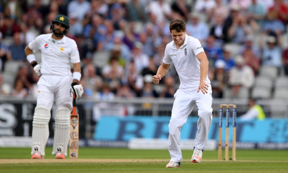 Chris Woakes celebrates the dismissal Pakistan batsman Yasir Shah at Old Trafford today