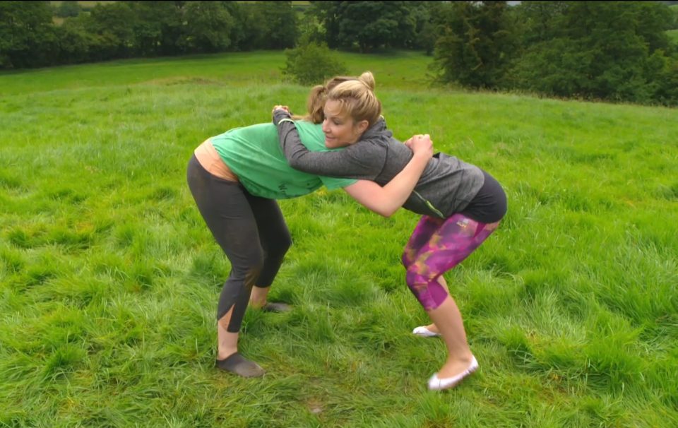  Saucy stance ... Helen and Connie square up for their mud fight