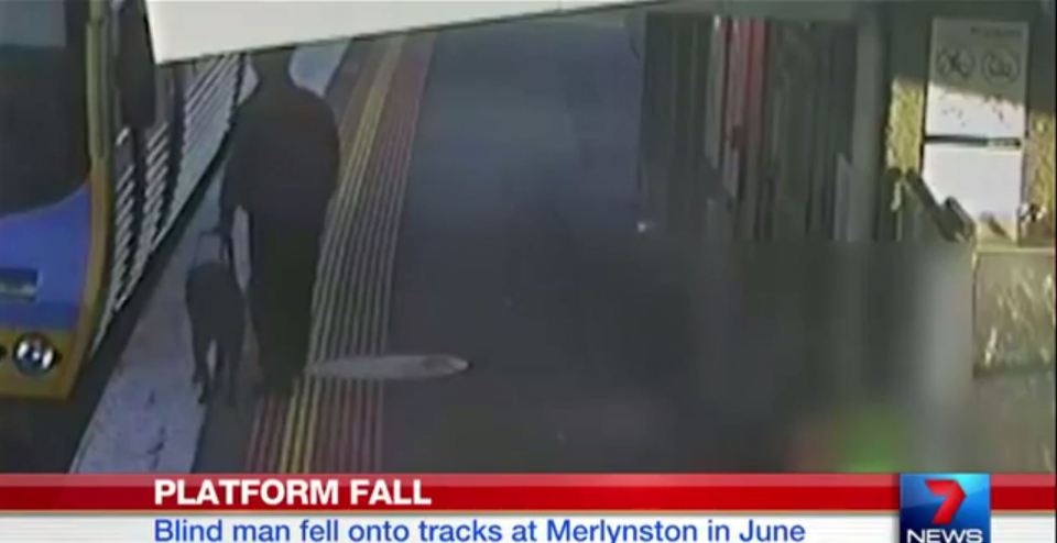  A visually impaired man has been captured on CCTV falling onto train tracks at Merlynston Station