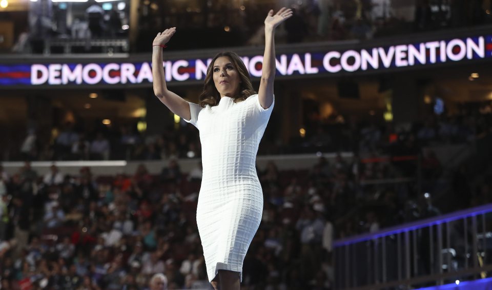  Actress Eva Longoria told the crowds: 'I'm with her!' after blasting Trump