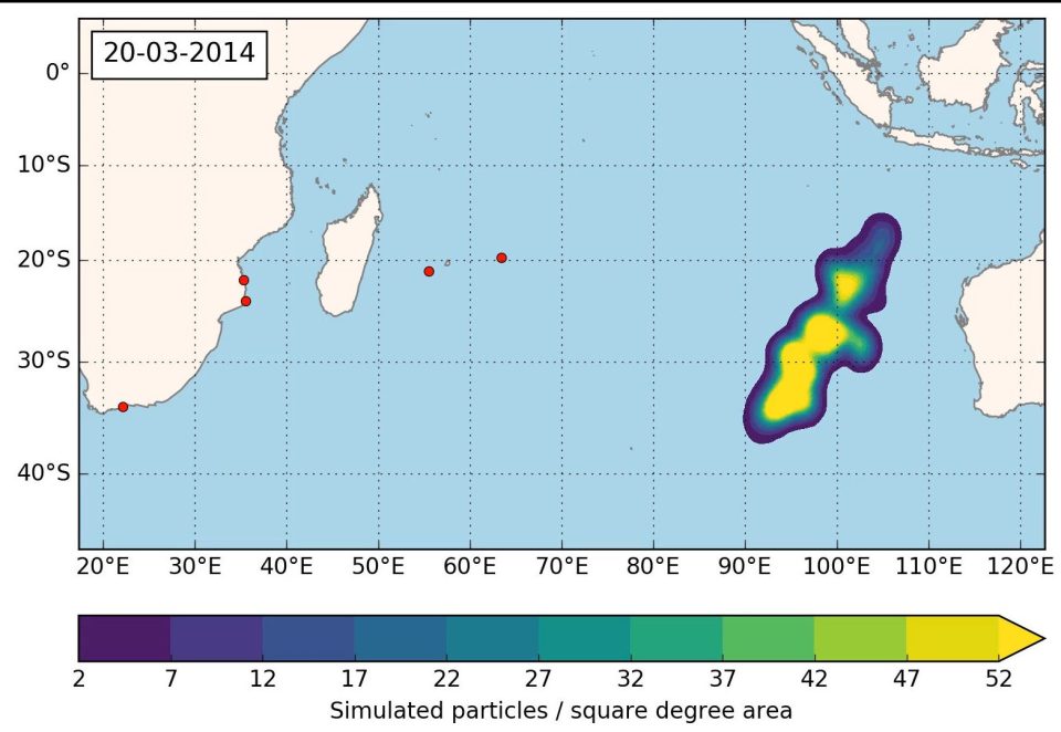  Image indicates how the floating debris from the MH370 aircraft could have spread based on the simulation