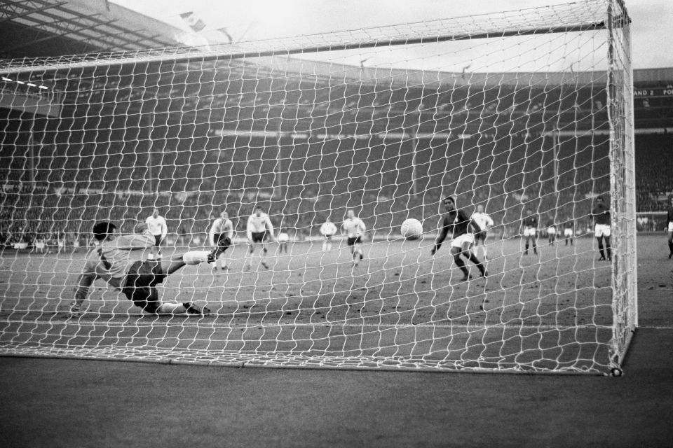 Portugal legend Eusebio tucked this penalty past Banks in the 1996 World Cup semi-finals