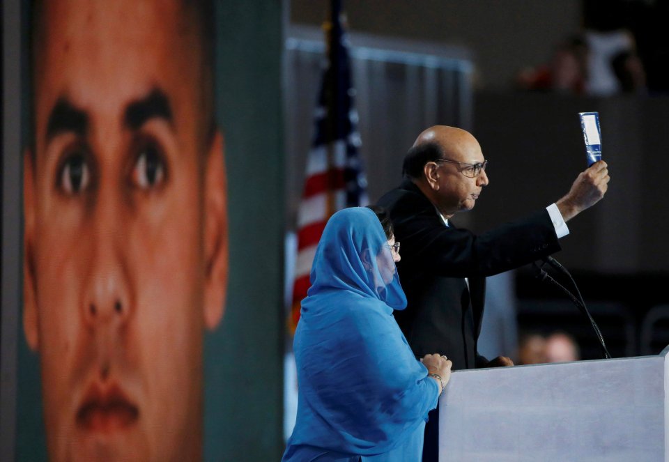  Ghazala Khan (in blue) has been criticised by Donald Trump for staying silent while her husband told the Democratic Party Convention about their son Humayun