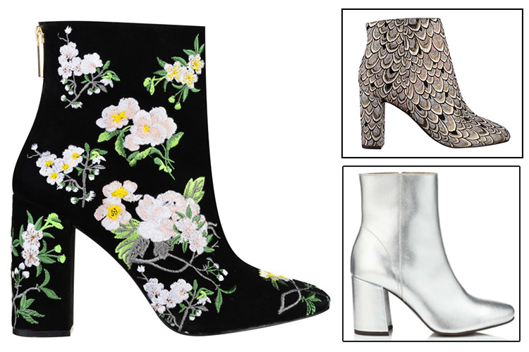  Embroidered boot (main), £85, Feather pattern boot, £75, and Silver boot, £69