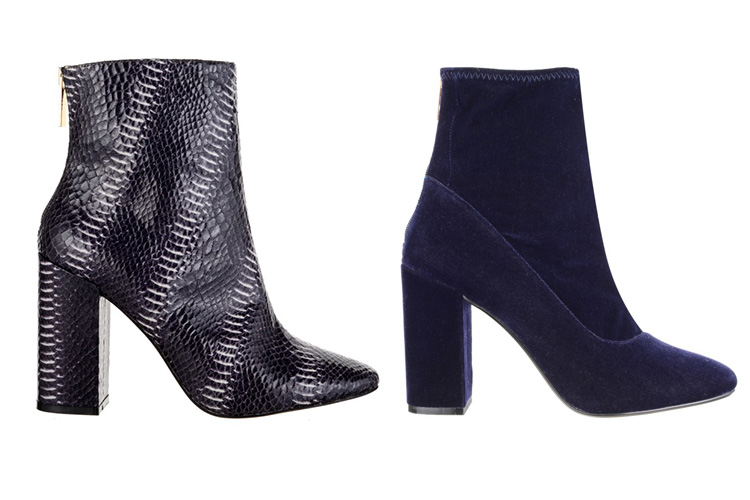  Snake print boot, £75, and navy velvet (available from October), £39