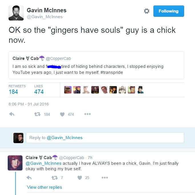 Claire Cab responds to Gavin McInnes' tweet about her sex change 